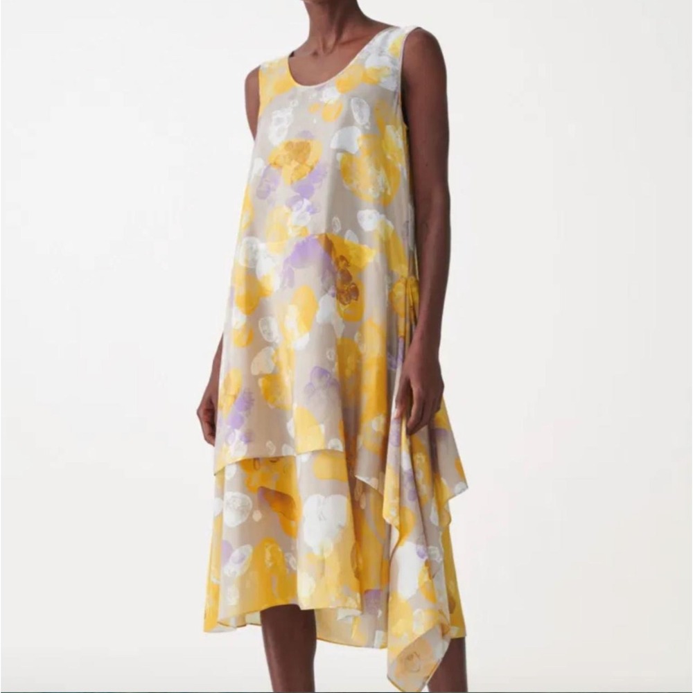 COS Womens 100% Silk Abstract Floral Tiered Asymmetric Hem Dress Yellow Purple